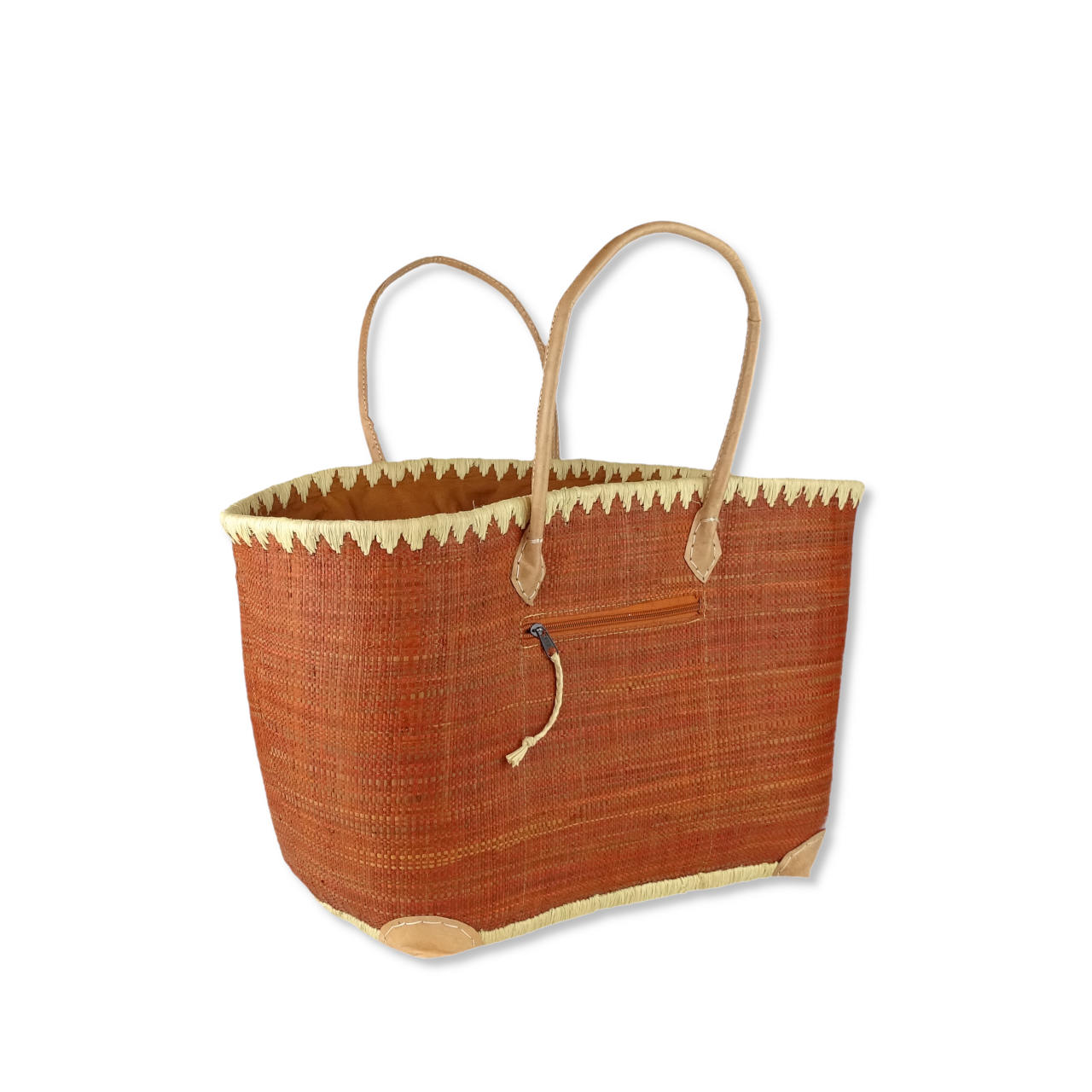 ziegelroter Raffia-Korb mit Lederhenkel - fair trade aus Madagaskar