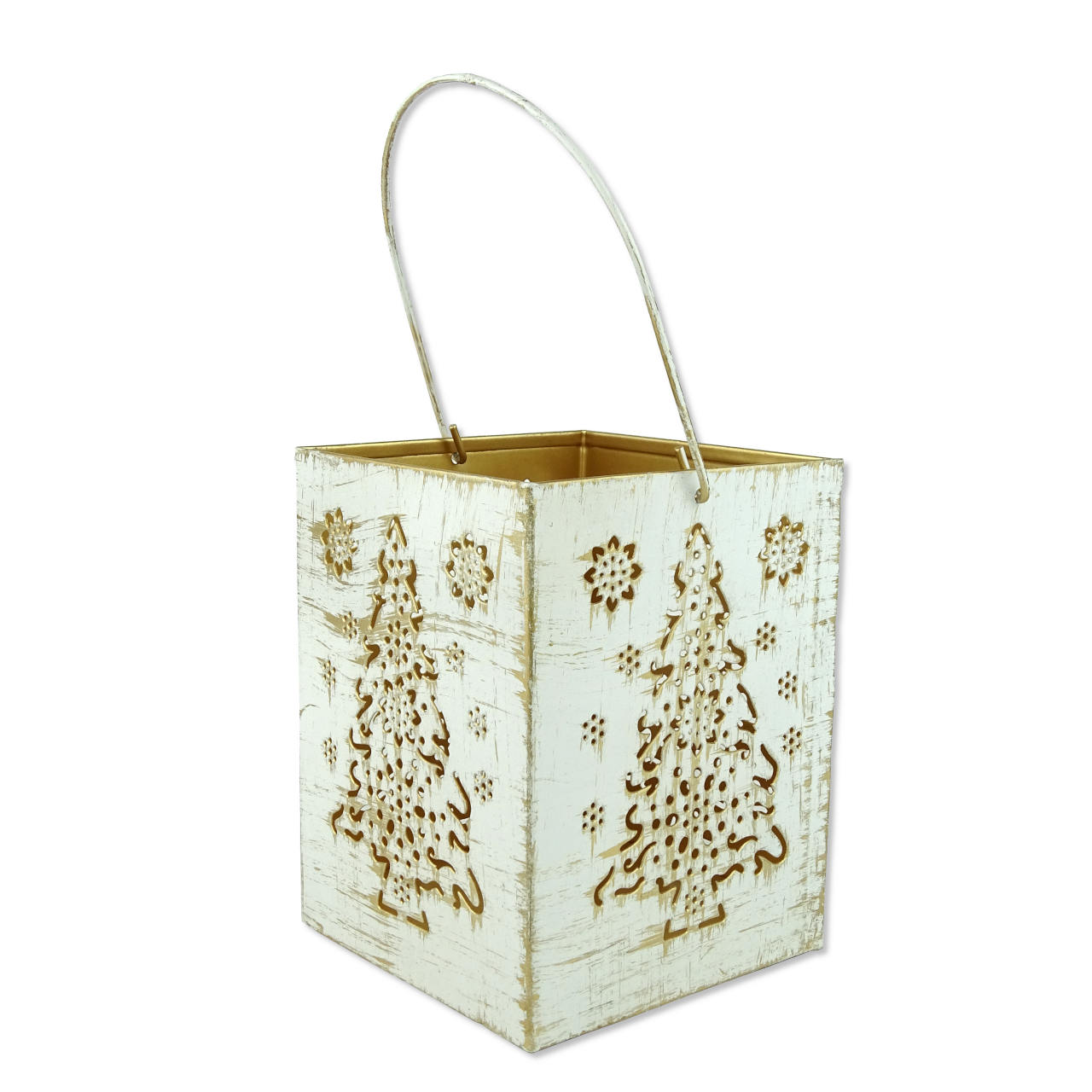 Verspielte Laterne in weiß und gold mit Tannenmotiv - fair produziert in Indien